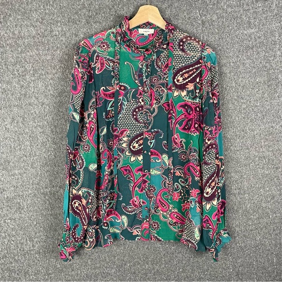 SUNCOO XL Paisley Ruffle Button Up Dress Blouse Green Pink Career Casual Office - Picture 2 of 12